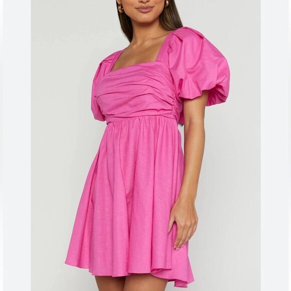 Caara Square Neck Short Puff Sleeve Barbie Pink Mini Dress Women’s Sz L - Picture 1 of 9